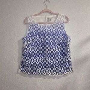 Ann Taylor Blue and White Circle Pattern Embroidered Sleeveless Blouse